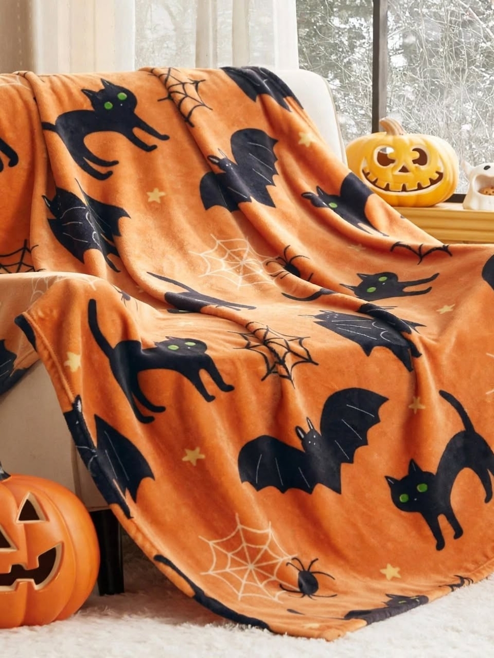 Halloween Orange Black Cat & Bat Plush Throw Blanket